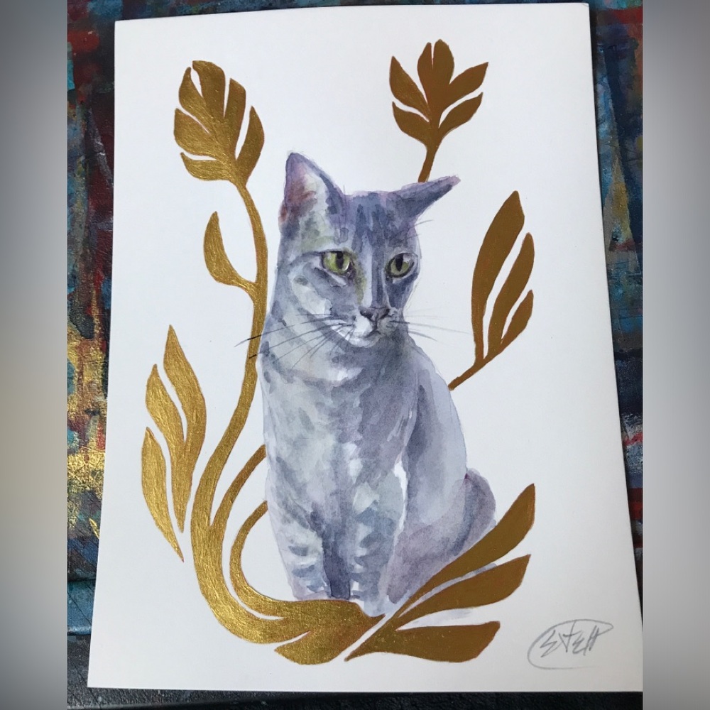 Original painting Elegant Gray Cat Art signed with Gold Accents handmade